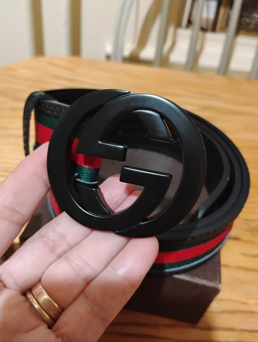 Gucci Men's Black Belt with Green and Red Web Stripe 46/115